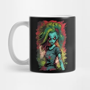 Comic book Anime style evil zombie girl lots of color mix of bright colors horror inspired Mug